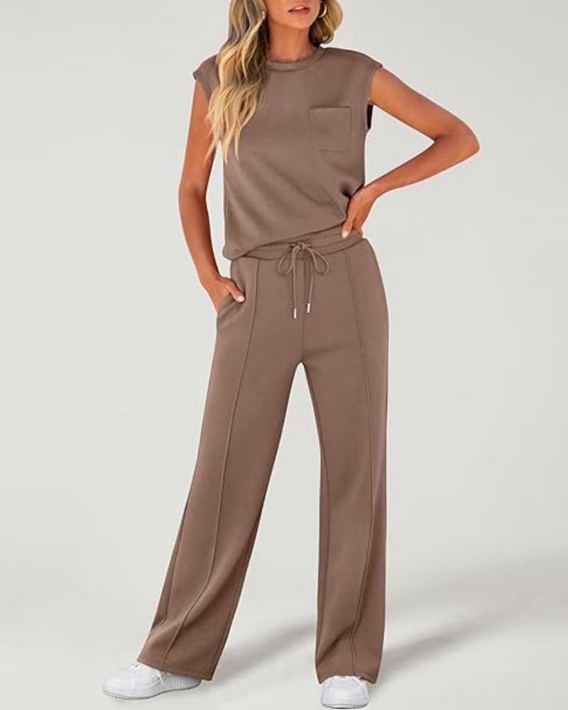 Damen-Tanktop und Hose mit weitem Bein und Kordelzug, zweiteiliges Set