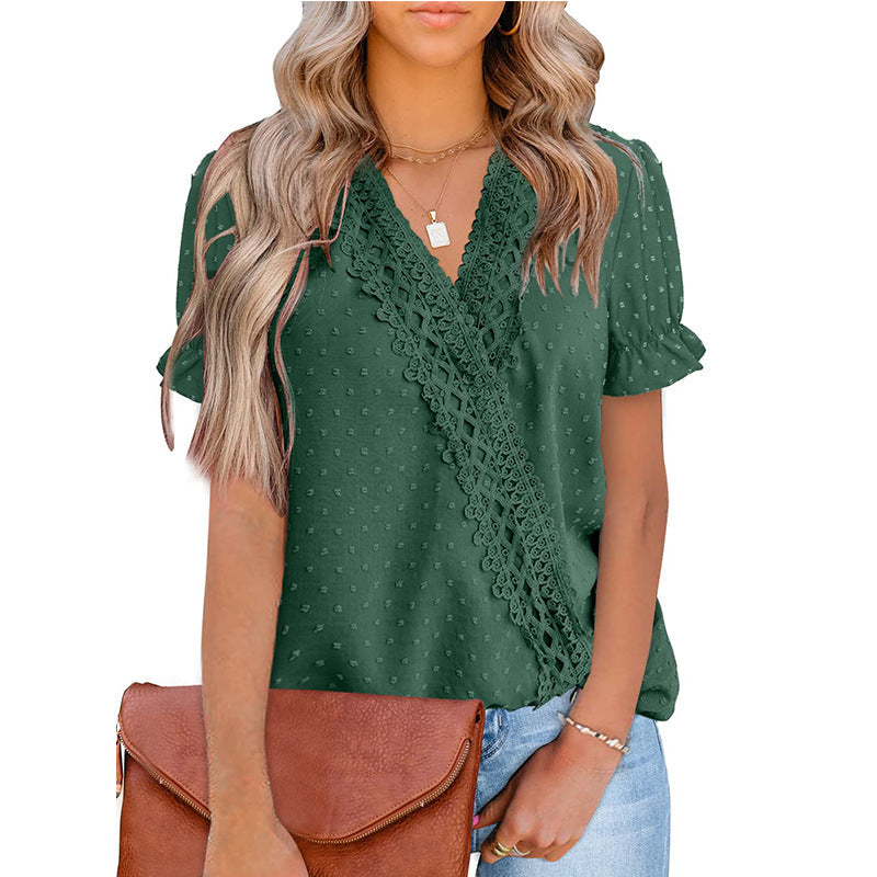 Chiffon-Bluse mit Spitzenkugel, V-Ausschnitt und kurzen Ärmeln