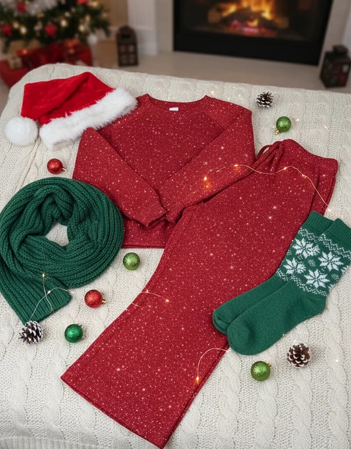 🎄 Neu eingetroffen!🔥 Kuscheliger Reise-Sweatshirt mit Rundhalsausschnitt und glänzende Hose, 2-teiliges Set