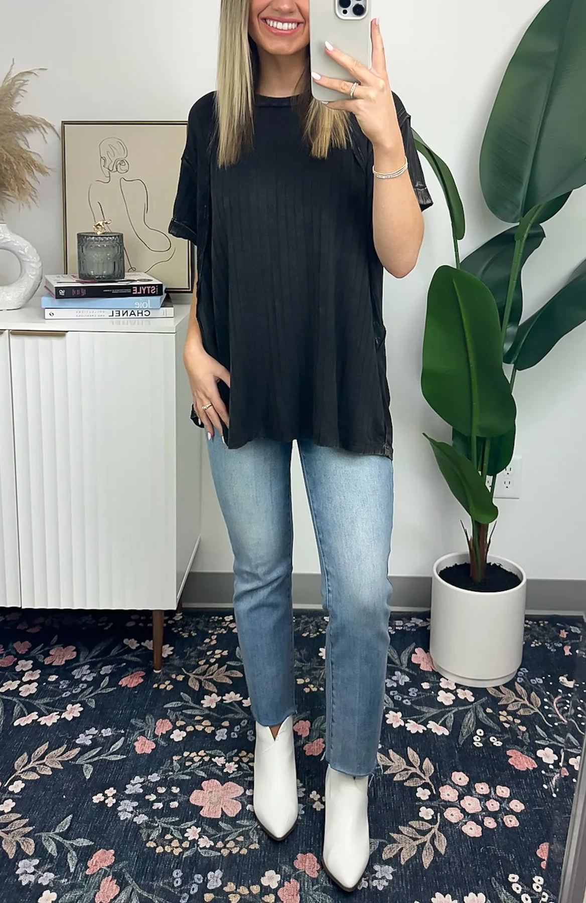 Damen-T-Shirt in lockerer Rippstrick-Optik mit Mineral-Waschung (2 kaufen, Versand gratis)