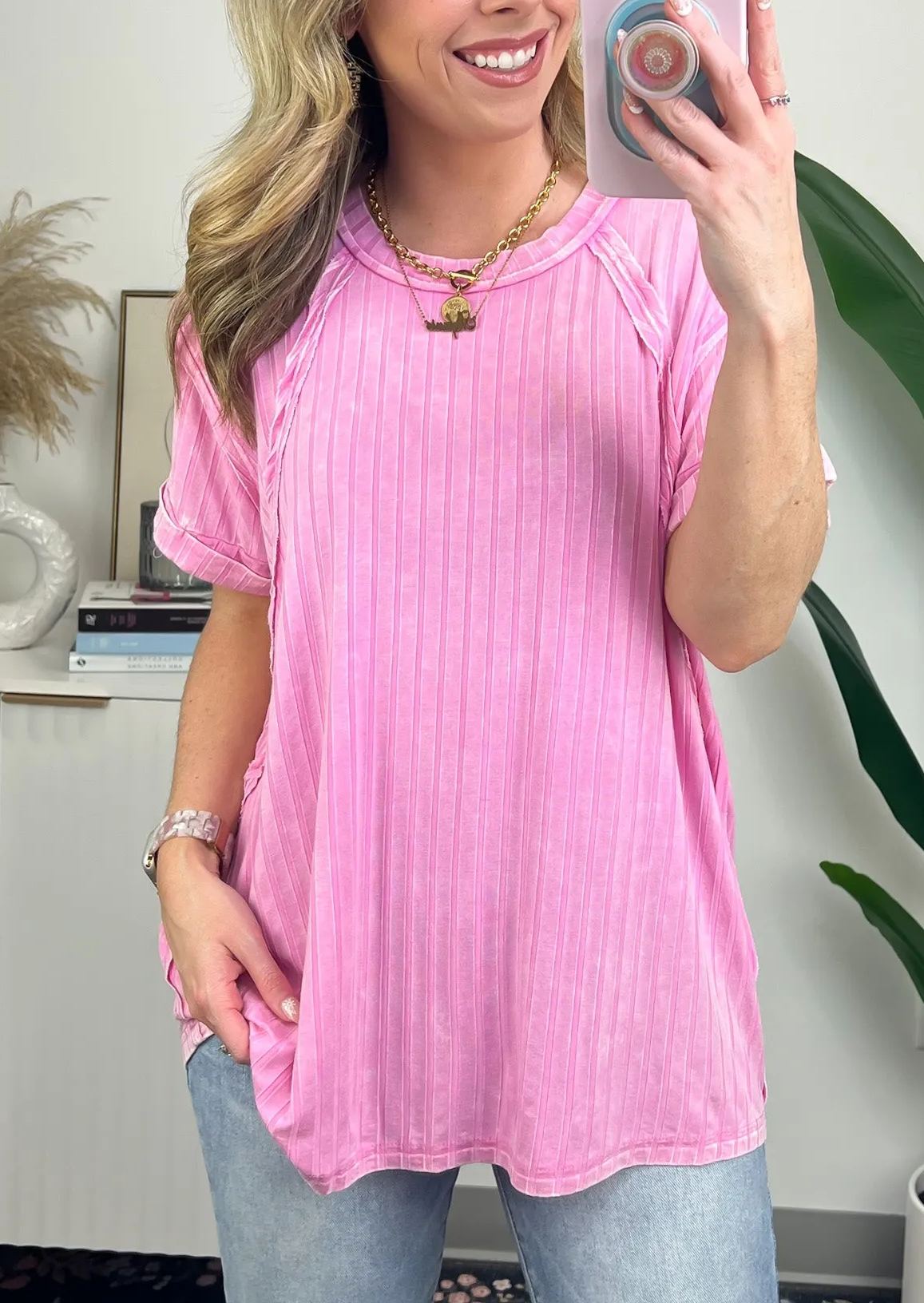 Damen-T-Shirt in lockerer Rippstrick-Optik mit Mineral-Waschung (2 kaufen, Versand gratis)
