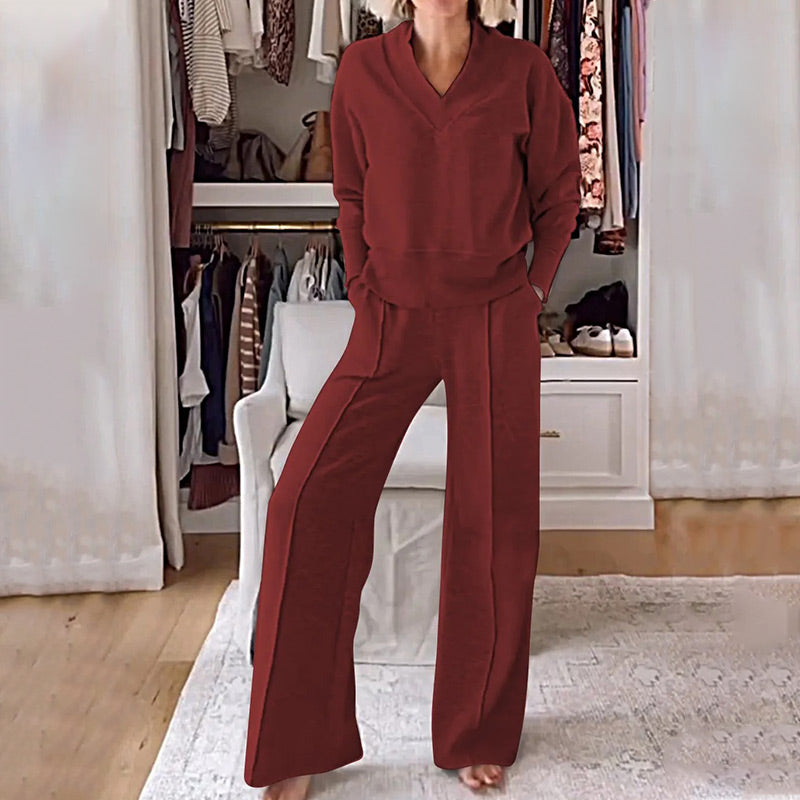 Ensemble deux pièces pour femme : haut uni à col en V et pantalon
