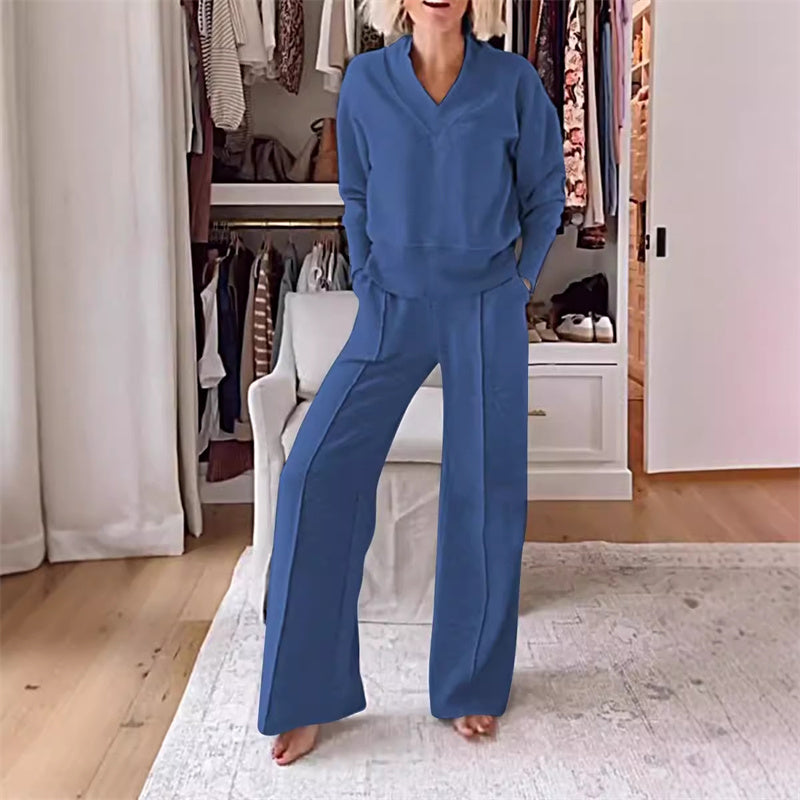 Ensemble deux pièces pour femme : haut uni à col en V et pantalon