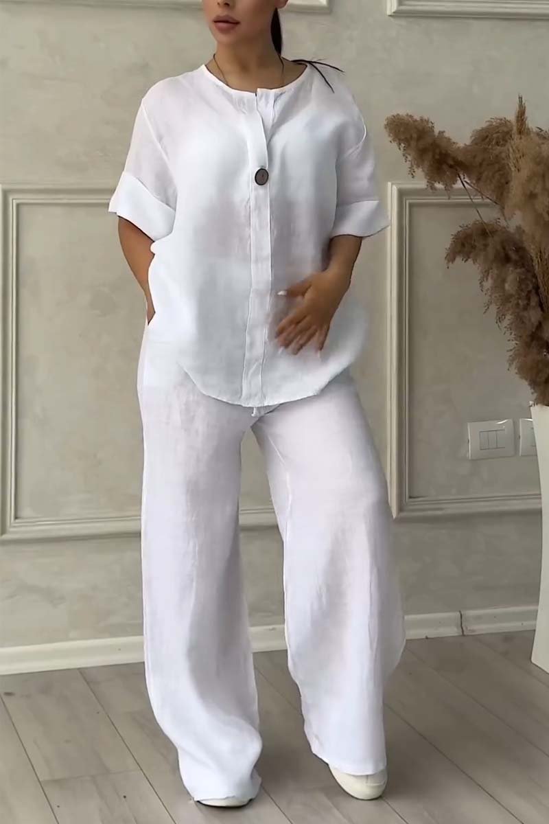 Ensemble deux pièces décontracté en coton et lin décoré de boutons pour femme