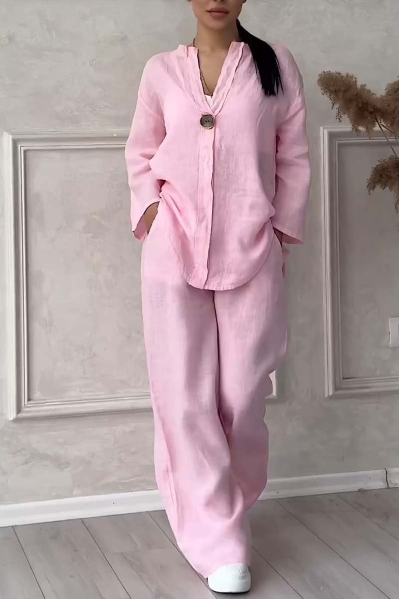 Ensemble deux pièces décontracté en coton et lin décoré de boutons pour femme