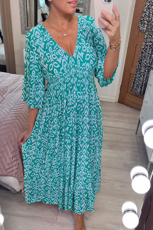 Neues lässiges Boho-Maxikleid mit Print und V-Ausschnitt (2 kaufen, Versand gratis)