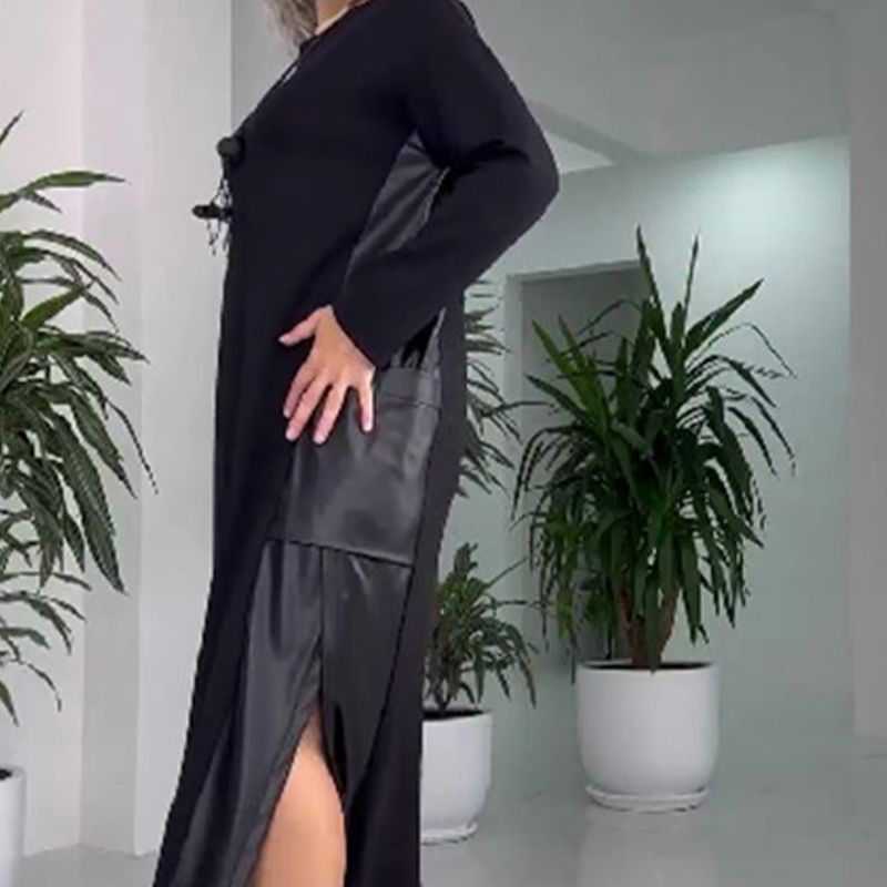 Damen legeres, weites Leder-Patchwork-Kleid mit Taschen