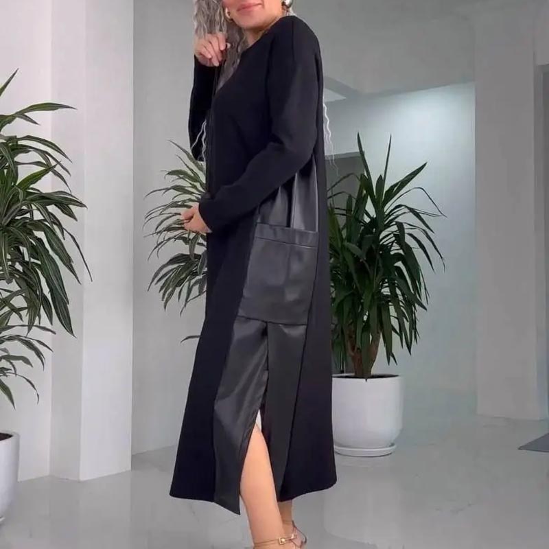 Damen legeres, weites Leder-Patchwork-Kleid mit Taschen