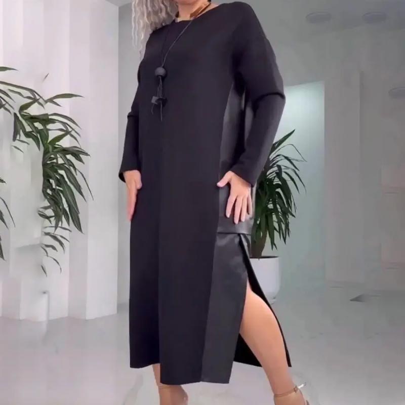 Damen legeres, weites Leder-Patchwork-Kleid mit Taschen