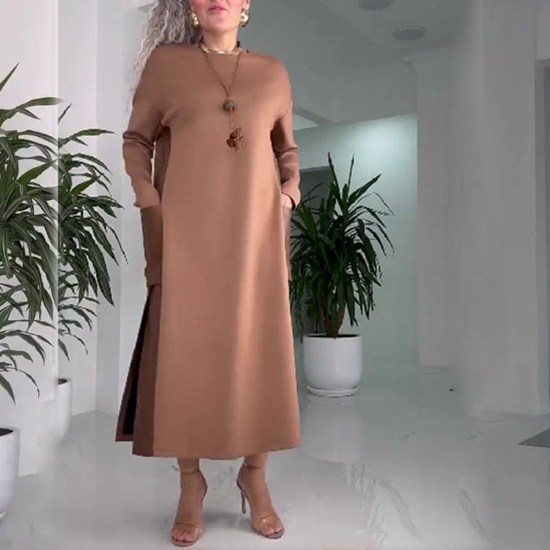 Damen legeres, weites Leder-Patchwork-Kleid mit Taschen