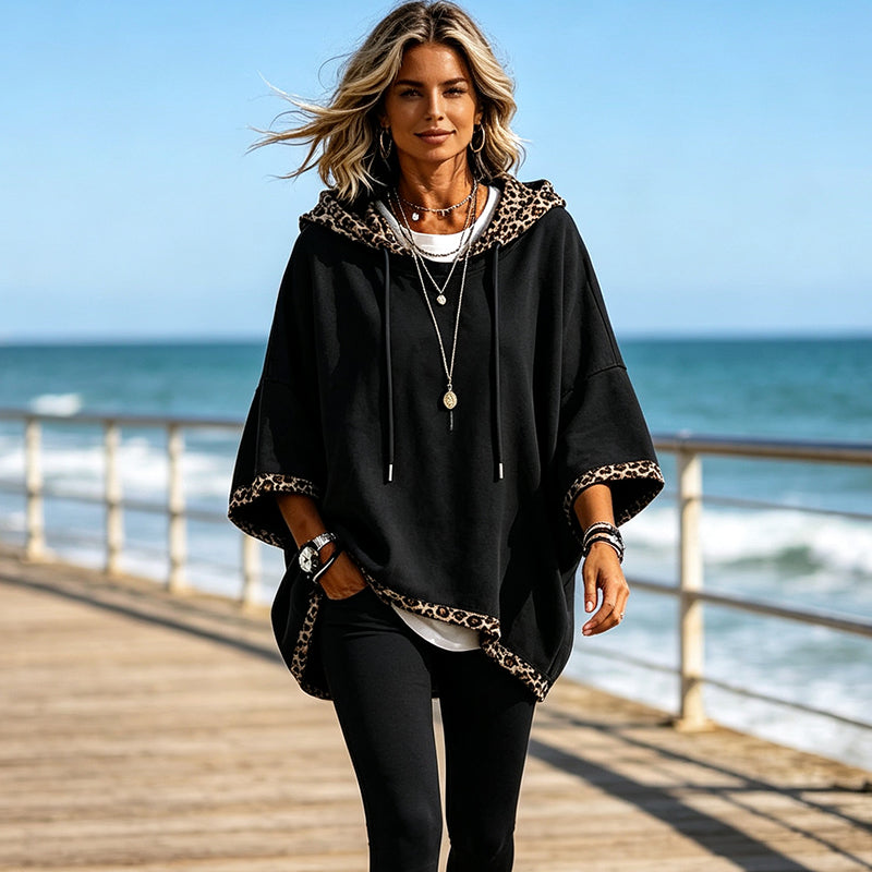 Damen-Hoodie mit Leopardenbesatz – Lässig geschnittenes Sweatshirt mit Kordelzug