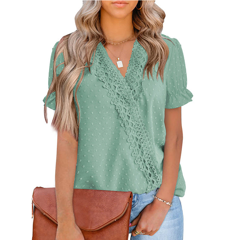 Chiffon-Bluse mit Spitzenkugel, V-Ausschnitt und kurzen Ärmeln