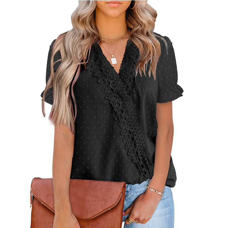 Chiffon-Bluse mit Spitzenkugel, V-Ausschnitt und kurzen Ärmeln