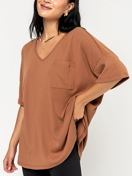 Oversize-T-Shirt für Damen mit V-Ausschnitt und Taschen (3 kaufen, Versandkostenfrei)
