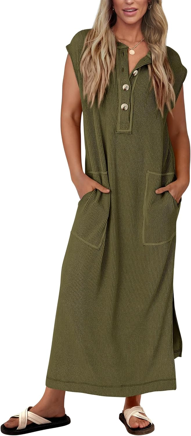 Women's Ribbed Henley Button Up Split Long Dress (Buy 2 Free Shipping)