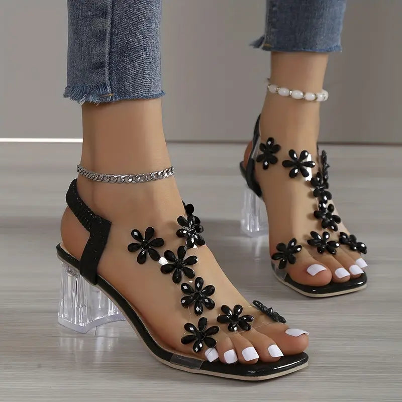 Damen-Sandalen mit Blumen-Strass und Blockabsatz