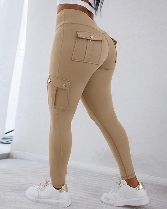 ChicMe Damen Leggings mit Po-Push-up-Effekt, Pattentaschen, hoher Taille, Bauchkontrolle, Workout Cargo Leggings Yogahose