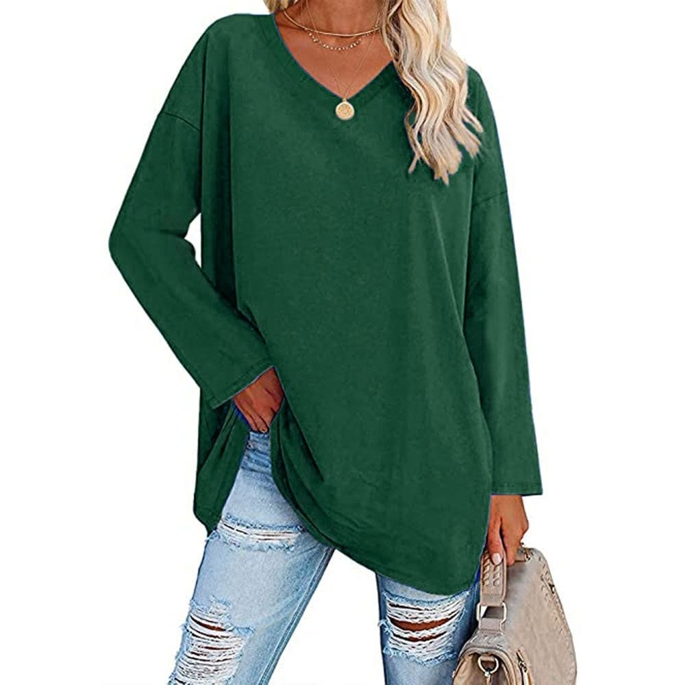 Locker geschnittenes Damen-Langarm-Modetop mit V-Ausschnitt (3 kaufen, kostenloser Versand)