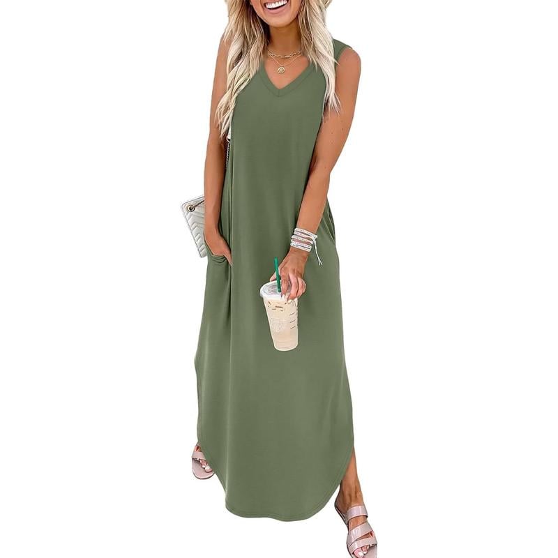 Sommerkleider Maxikleid Urlaub Strandkleider mit Taschen