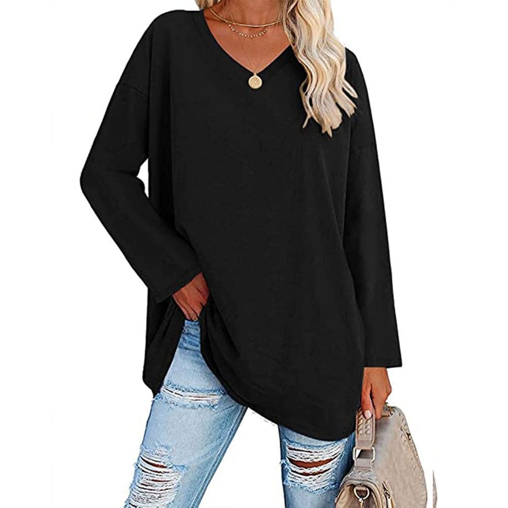 Locker geschnittenes Damen-Langarm-Modetop mit V-Ausschnitt (3 kaufen, kostenloser Versand)