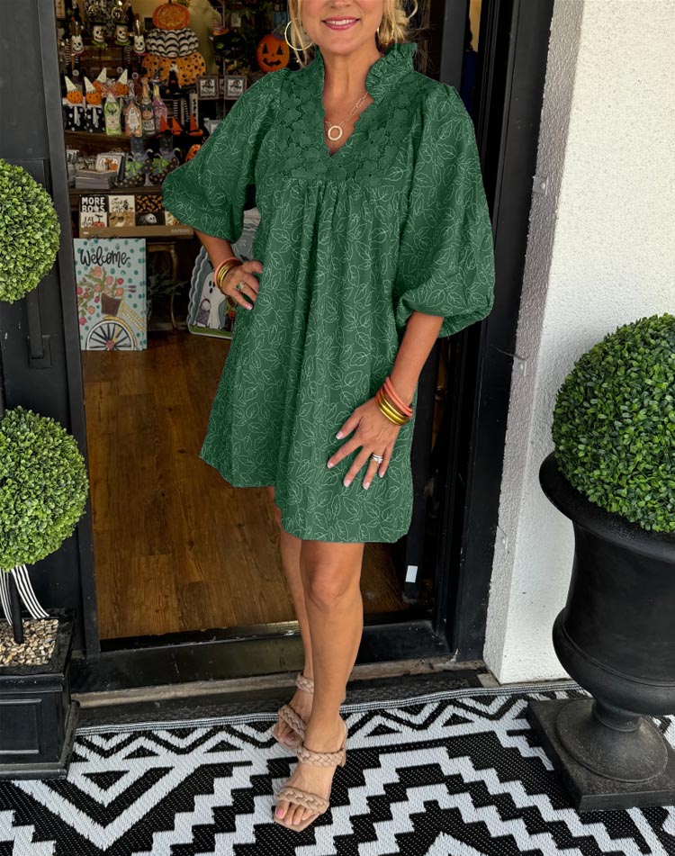 Damen-Minikleid aus Blatt-Jacquard mit Puffärmeln (2 kaufen, kostenloser Versand)