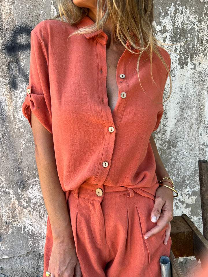 Ensemble chemise à revers en coton et lin à manches mi-longues (Achetez-en 2, livraison gratuite)