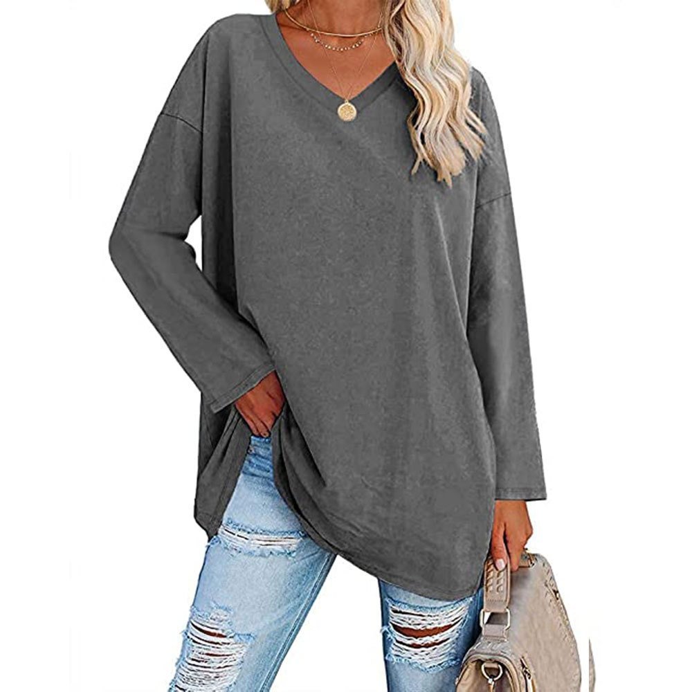 Locker geschnittenes Damen-Langarm-Modetop mit V-Ausschnitt (3 kaufen, kostenloser Versand)