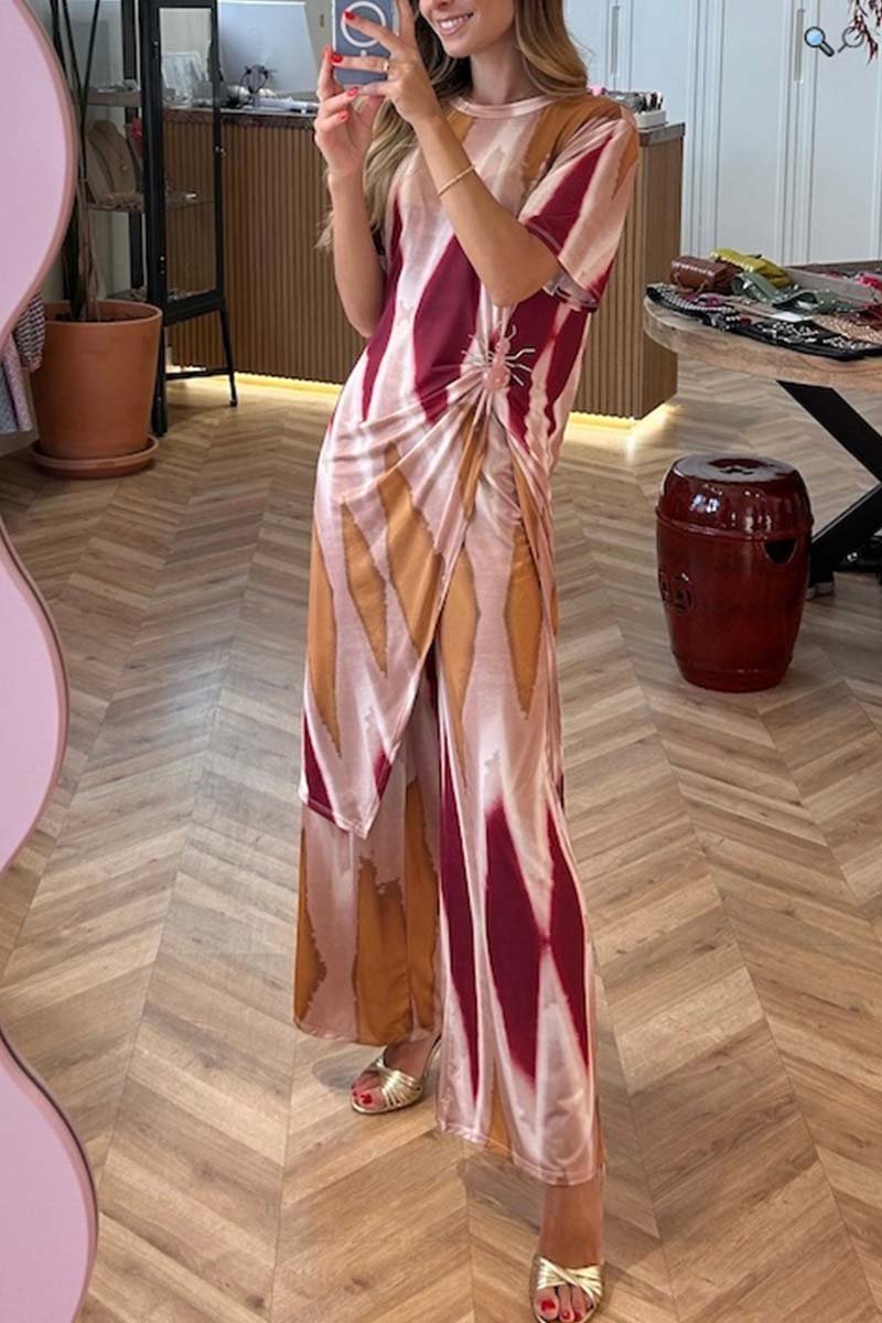 Ensemble deux pièces décontracté pour femme, haut fendu et pantalon tie-dye