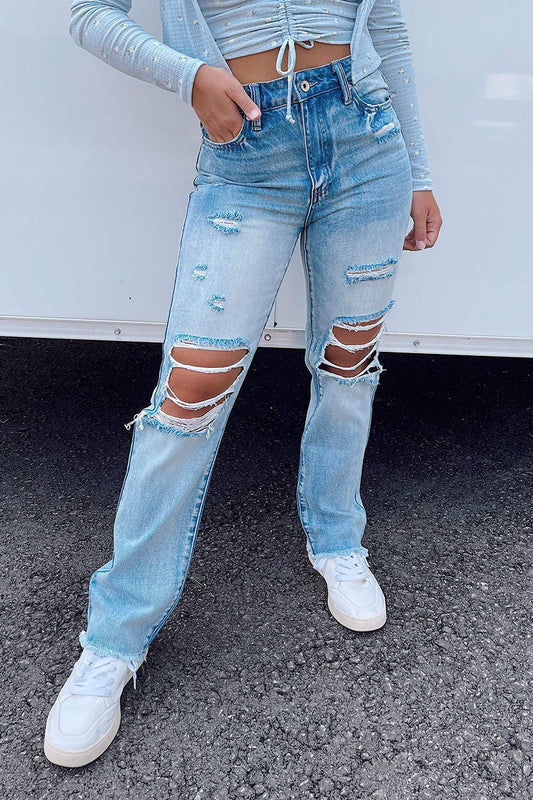 High-Waist Jeans mit ausgefranstem Saum und Rissen