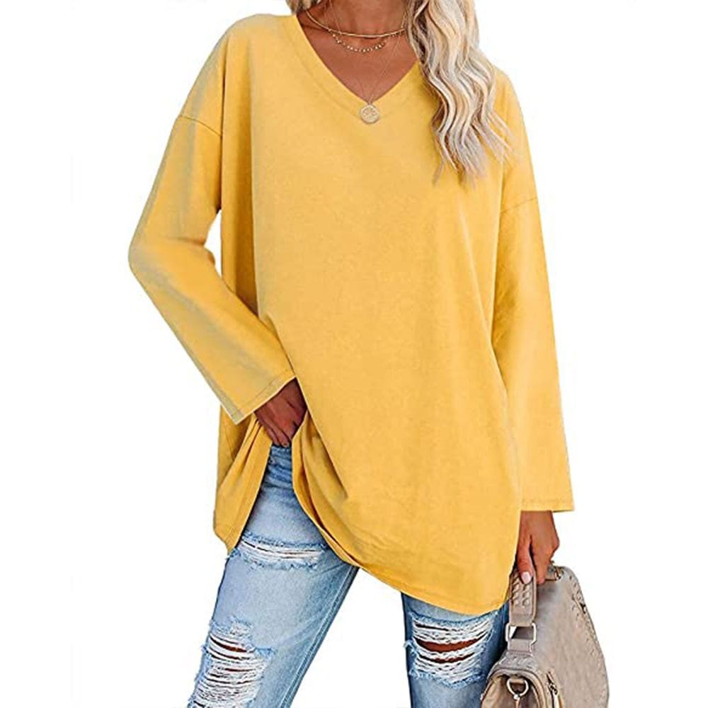 Locker geschnittenes Damen-Langarm-Modetop mit V-Ausschnitt (3 kaufen, kostenloser Versand)