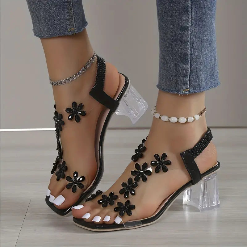 Damen-Sandalen mit Blumen-Strass und Blockabsatz
