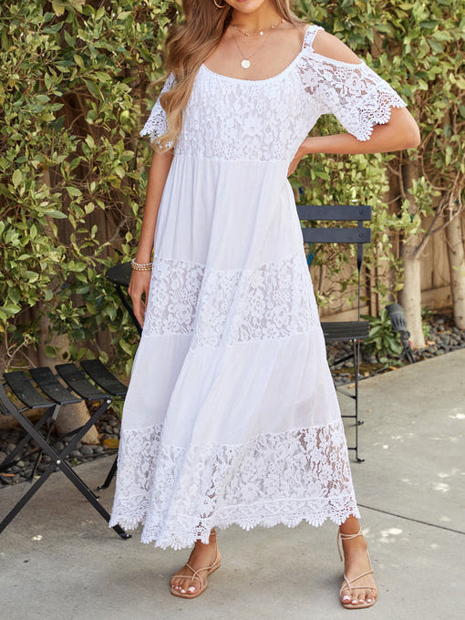 Schulterfreies Maxikleid mit floraler Spitzenstickerei