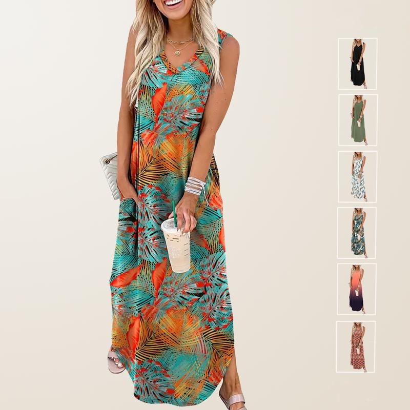 Sommerkleider Maxikleid Urlaub Strandkleider mit Taschen