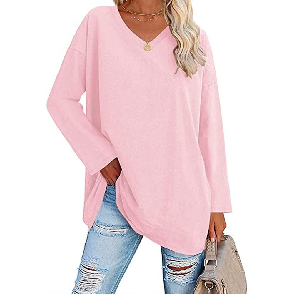 Locker geschnittenes Damen-Langarm-Modetop mit V-Ausschnitt (3 kaufen, kostenloser Versand)