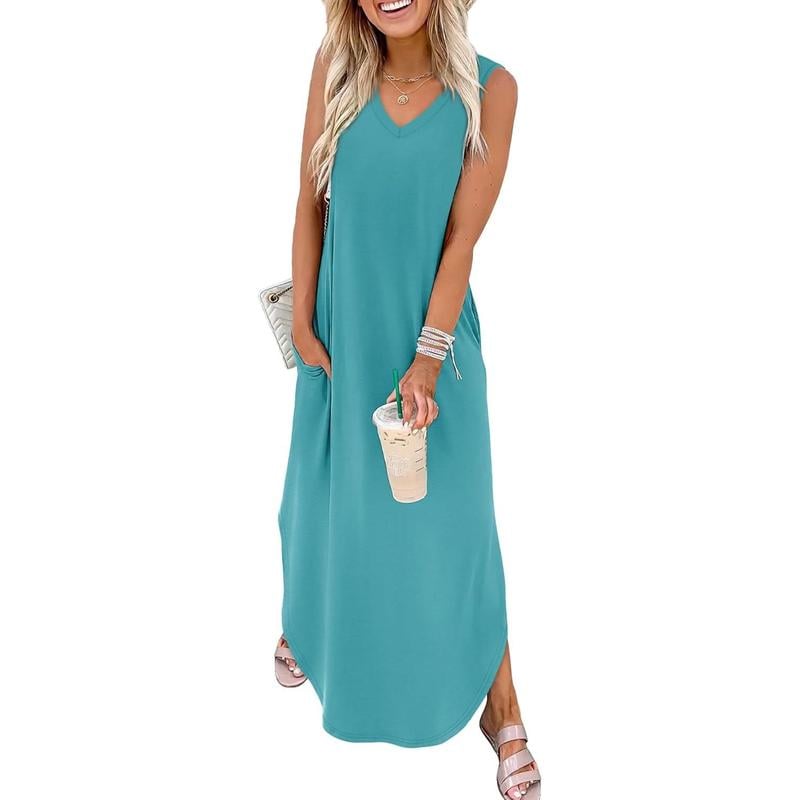 Sommerkleider Maxikleid Urlaub Strandkleider mit Taschen