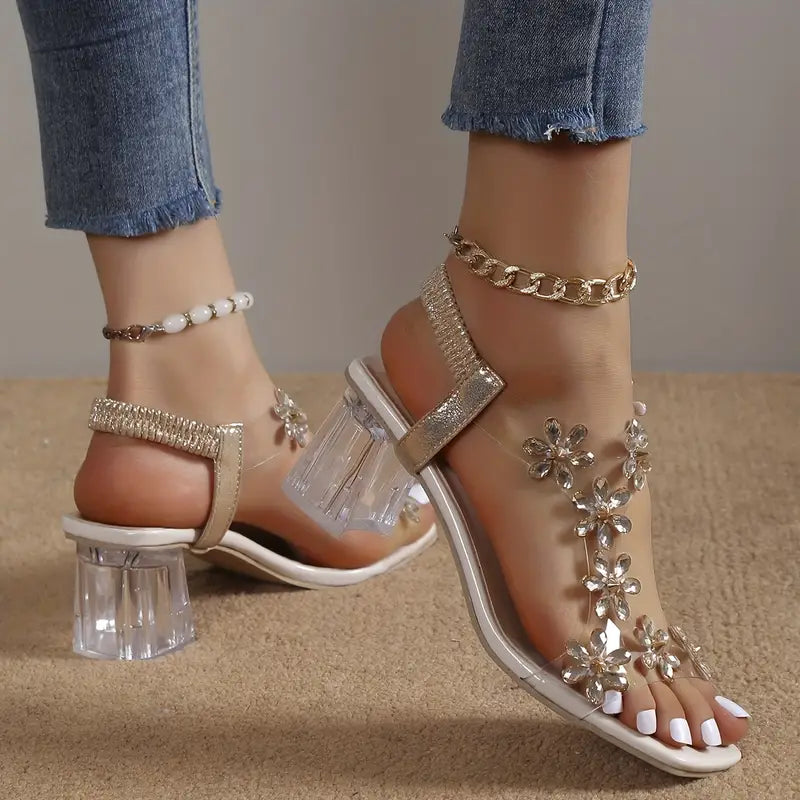 Damen-Sandalen mit Blumen-Strass und Blockabsatz