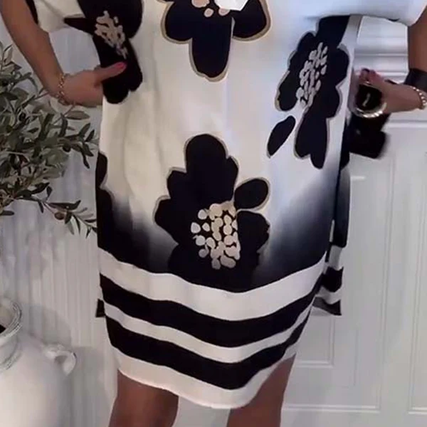 Bedrucktes Damen-V-Ausschnitt-Kurzarmkleid, locker geschnitten