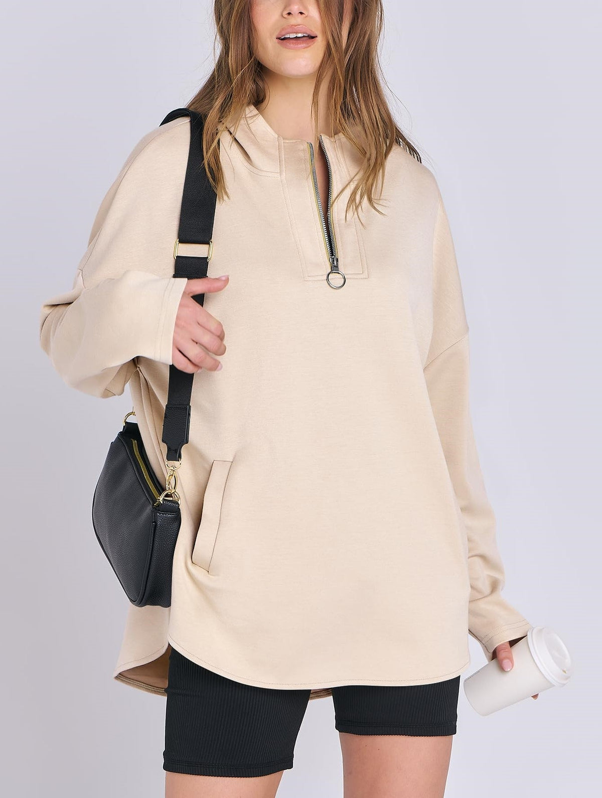 Sweat à capuche tunique surdimensionné à col zippé pour femme (achetez-en 2, livraison gratuite)