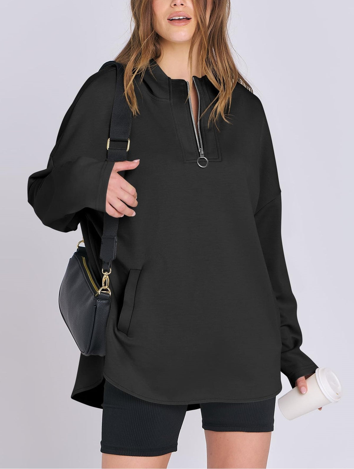 Sweat à capuche tunique surdimensionné à col zippé pour femme (achetez-en 2, livraison gratuite)