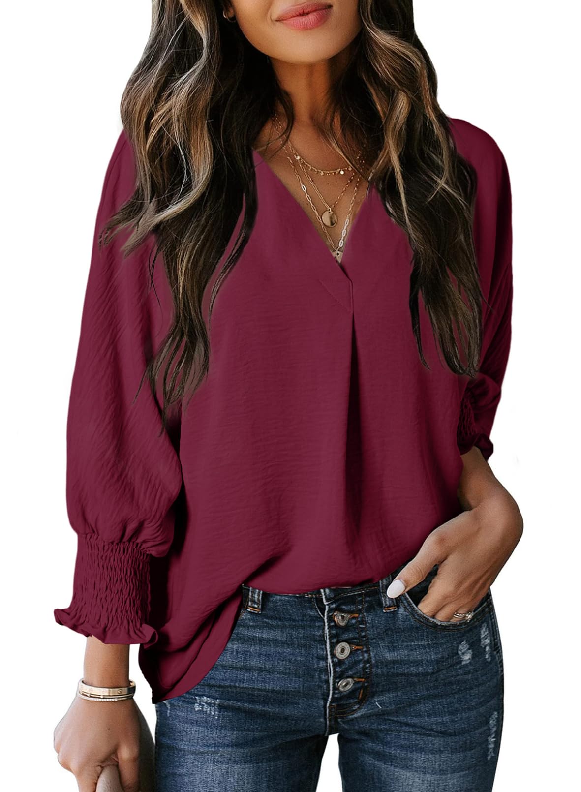 Women's Casual 3/4 Sleeve V Neck Basic Tops (Buy 3 Free Shipping)