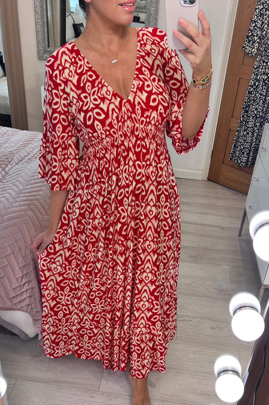 Neues lässiges Boho-Maxikleid mit Print und V-Ausschnitt (2 kaufen, Versand gratis)