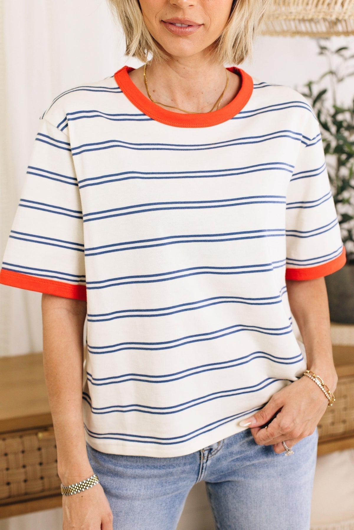 Damen-T-Shirt mit kurzen Ärmeln, Streifen und Colorblock-Design (2 kaufen, Versandkostenfrei)