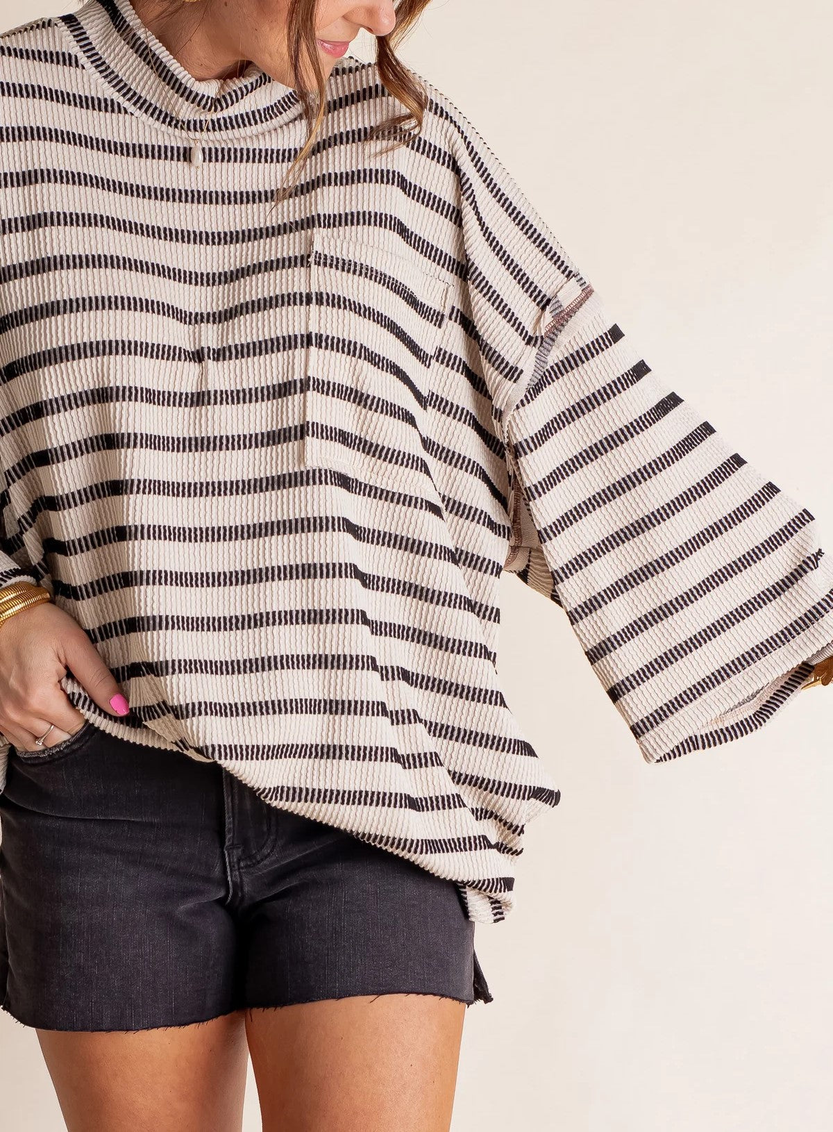 Haut rayé urbain surdimensionné à col montant pour femme (achetez-en 2, livraison gratuite)