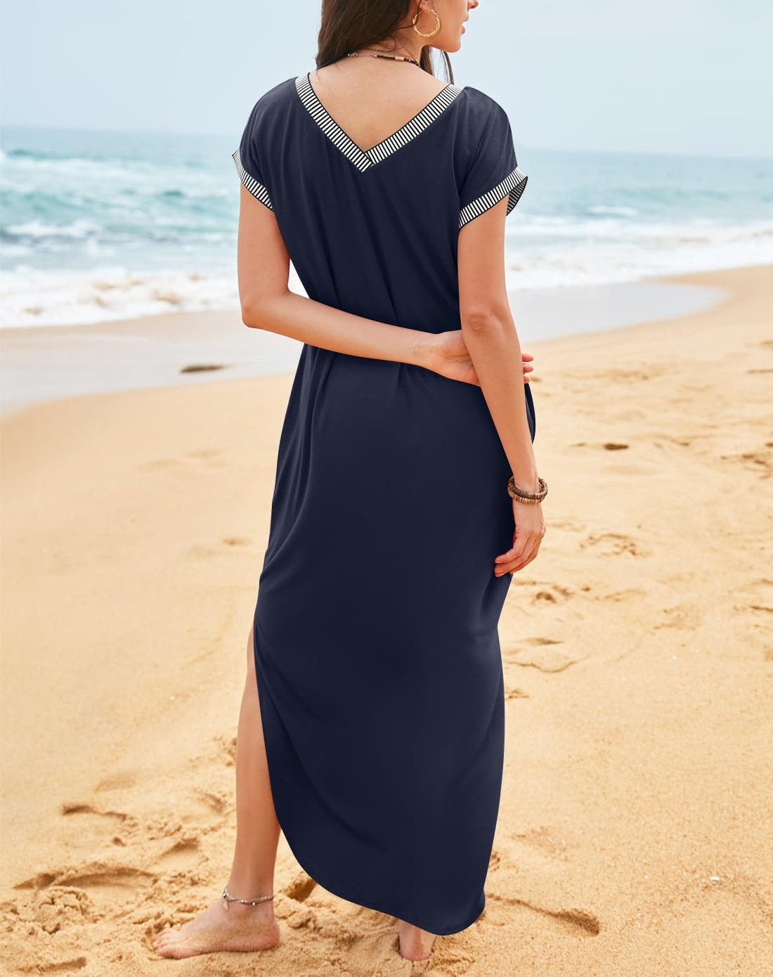 Loses langes Damenkleid mit V-Ausschnitt und Schlitz (2 kaufen, Versand gratis)