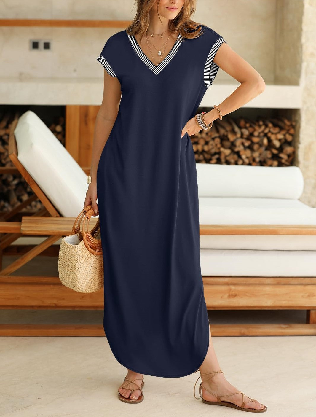 Loses langes Damenkleid mit V-Ausschnitt und Schlitz (2 kaufen, Versand gratis)