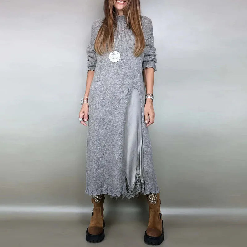 Bezauberndes Satin-Kleid und handgestricktes Langarmpullover-Set