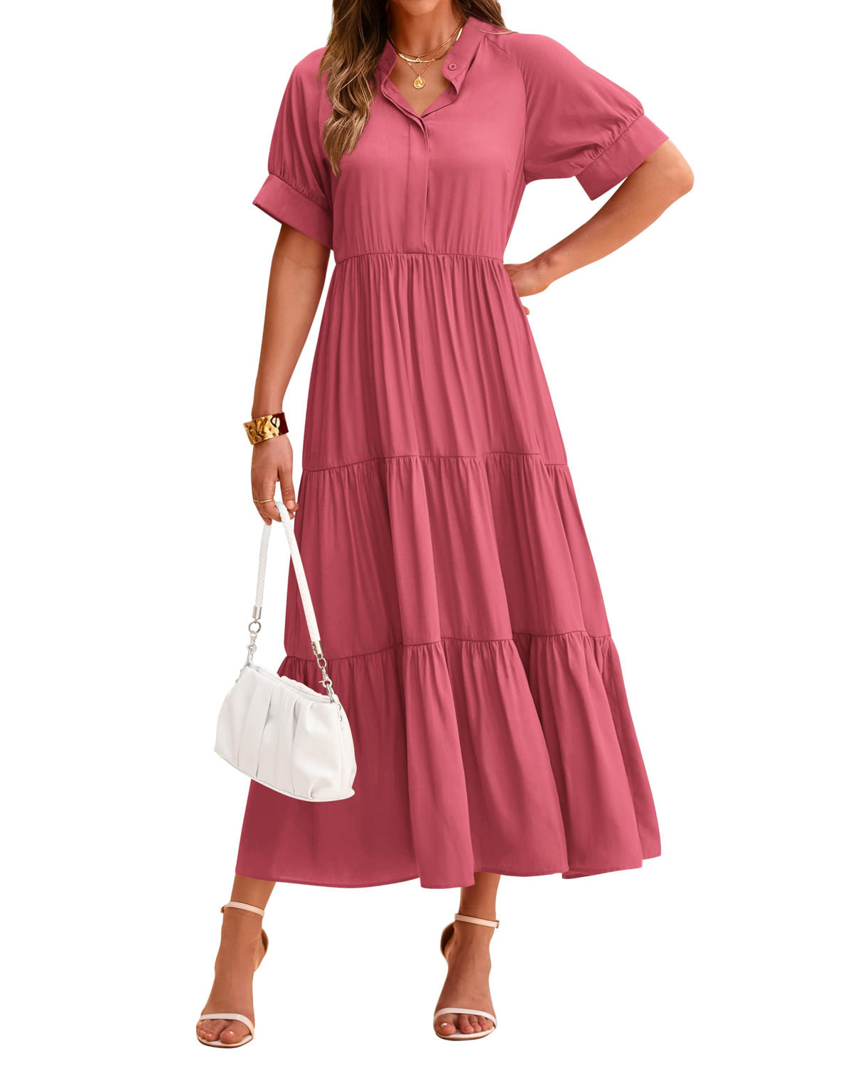 Lässiges, plissiertes, gestuftes Damen-Midikleid mit Kurzarm und Knopfleiste (2 kaufen, Versand gratis)