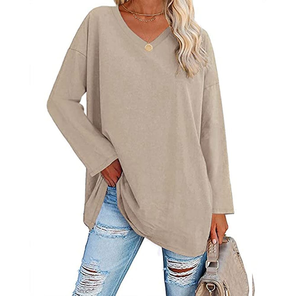 Locker geschnittenes Damen-Langarm-Modetop mit V-Ausschnitt (3 kaufen, kostenloser Versand)