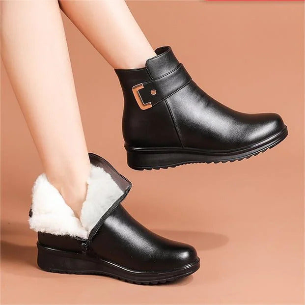 Damen wasserdichte Lederstiefel mit Metallschnalle