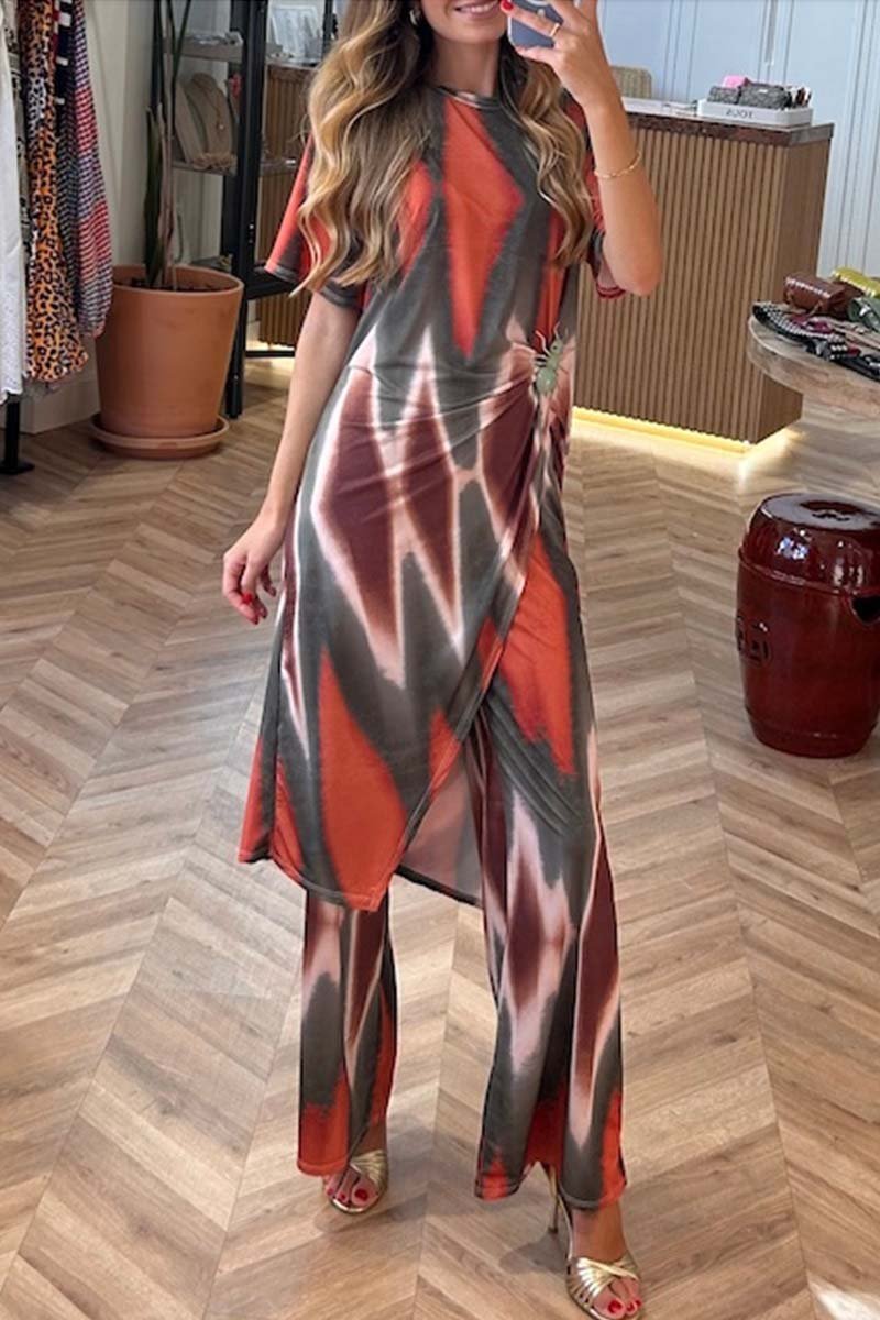 Ensemble deux pièces décontracté pour femme, haut fendu et pantalon tie-dye